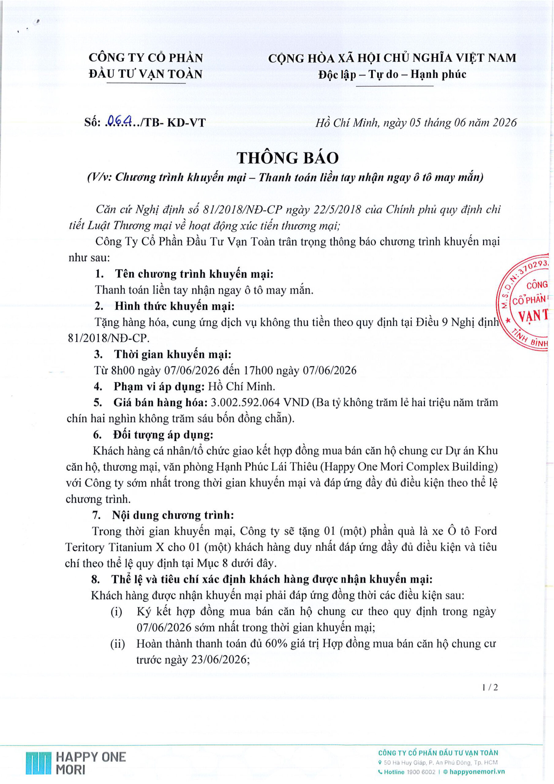 Thông báo CTKM : Thanh toán liền tay nhận ngay oto may mắn